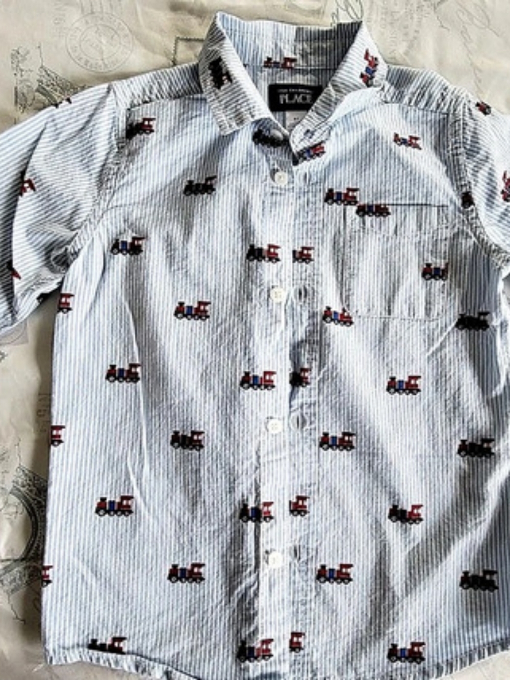 The Children's Place Blue Stripe Train Print Button-Down Shirt Boys 5T